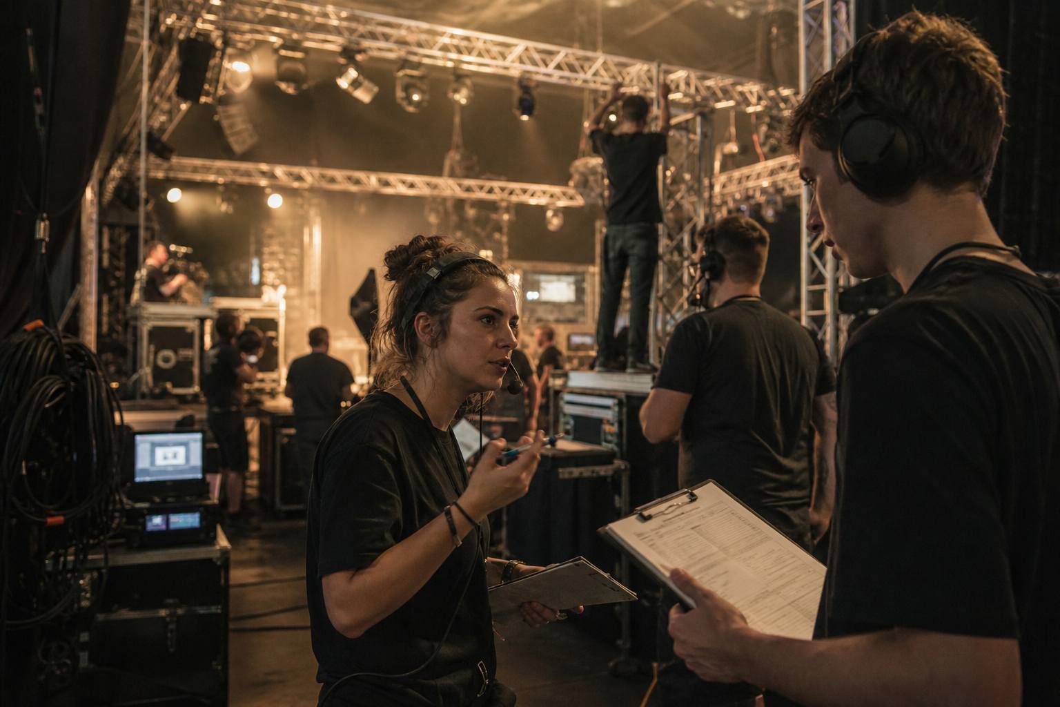 Event production crew coordinating a live show backstage