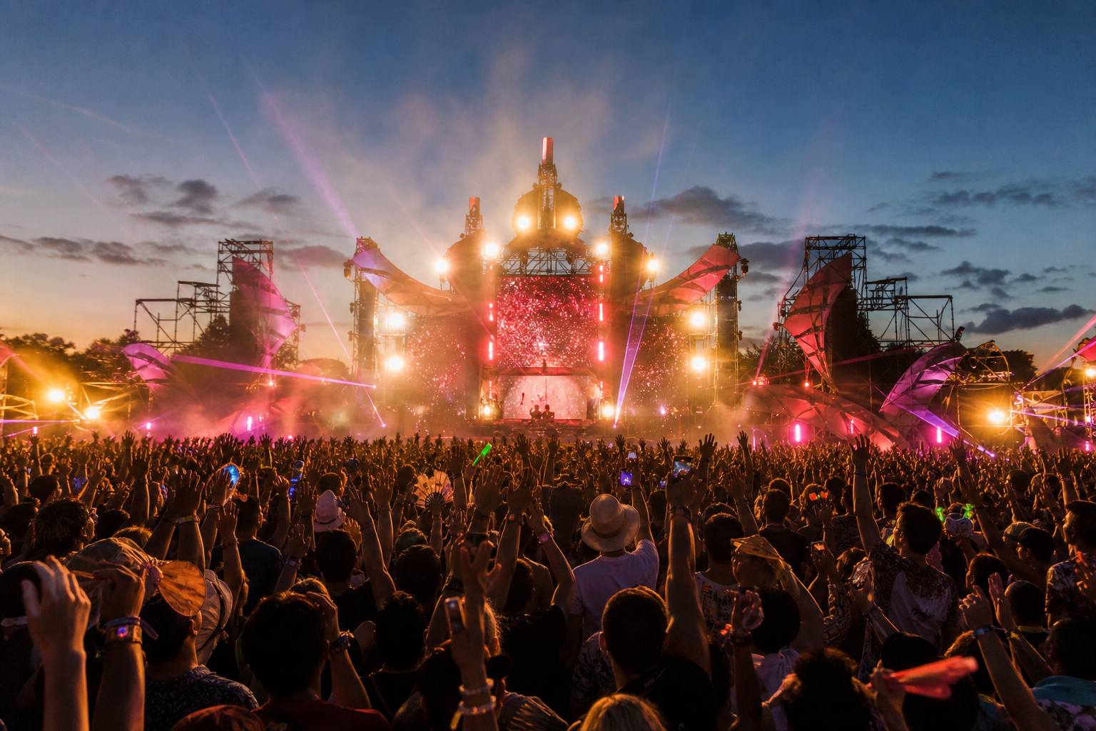 Music festival main stage with lighting and crowd