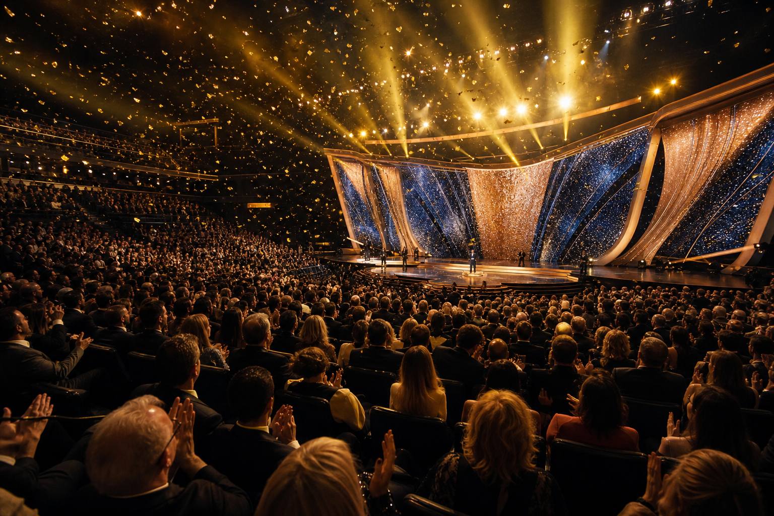 Award ceremony in an arena with golden lighting and confetti