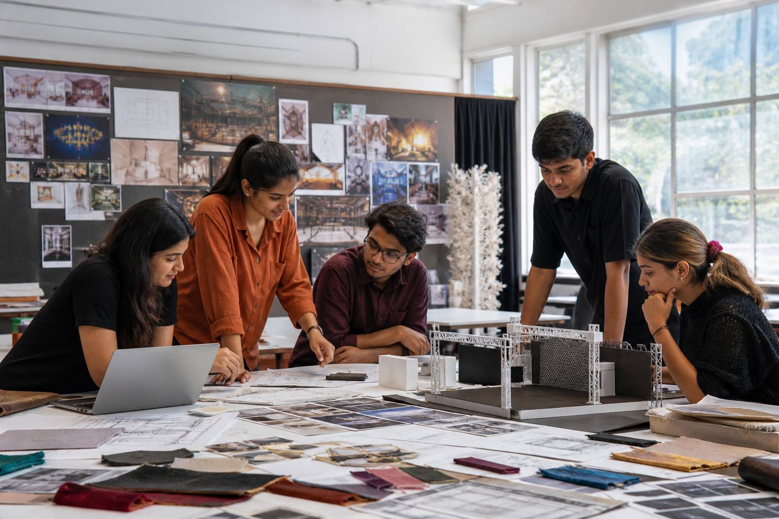 Design students planning an event set with mood boards and scale models