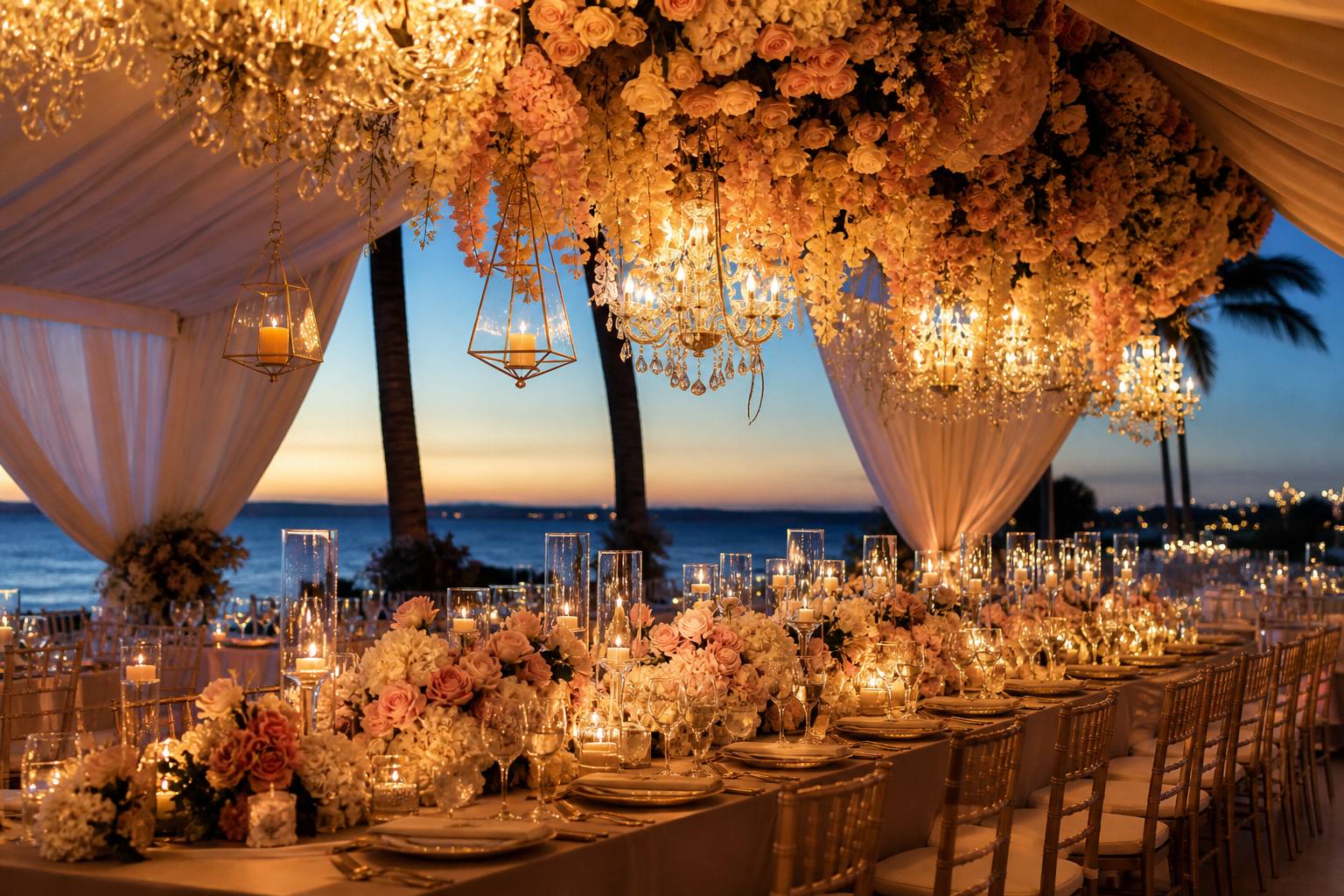 Luxury destination wedding reception at twilight